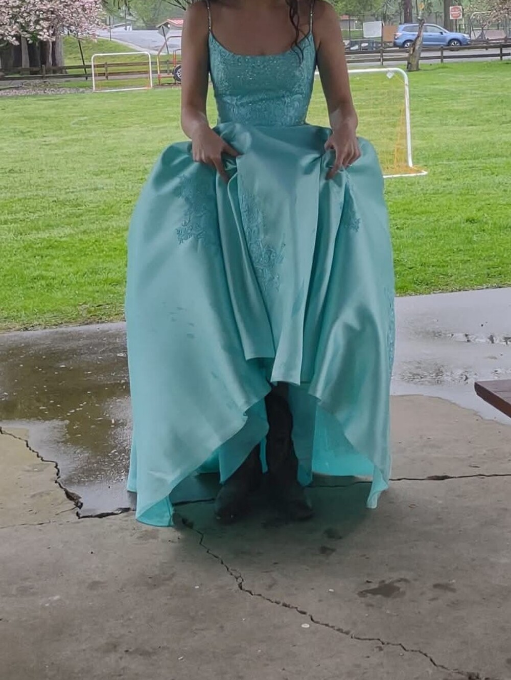 Light Aqua Prom Dress with Beaded Bodice